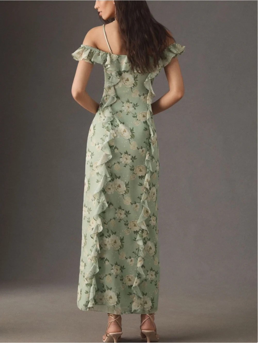 Dreamy Anthropologie BHLDN Off-Shoulder Ruffled Green Chiffon Maxi Dress XXS - Picture 4 of 12